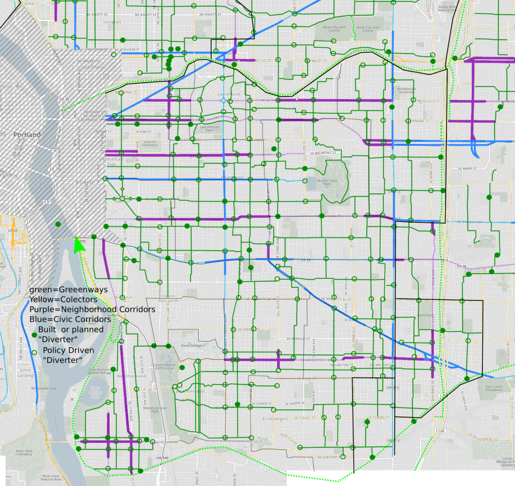 Above  is a map of our region of the city with the greenways, collectors and corridors as taken from city maps. If this alternative was implemented we would have a clear picture of the foundation of our safe routes to schools, our greenways. Many of the solid circles are one-ways with contra-flow bike lanes around  schools. The solid circles also include future planned park paths or connections. The open circles are where diversion, of some form, would be implement through this proposed policy. Thus, as each project proposal is put forward we would have a clear understanding of its initial impact on the street grid and could plan for it.  An alternative from our current model of always having to play catch up, organize and argue the case…..no matter which side you fall on.